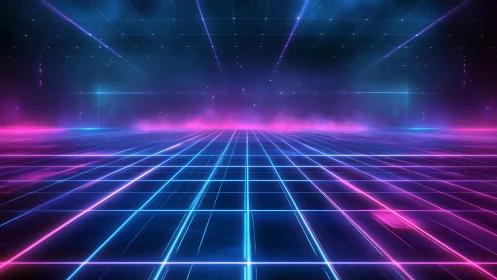 Neon vanishing-grid horizon in retrofuturist cyberspace field.