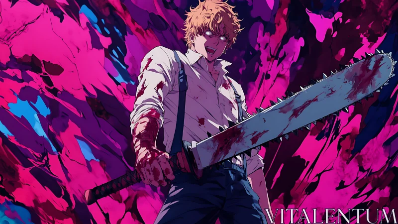 Bloodstained chainsaw wielder amid neon fluid chaos field.