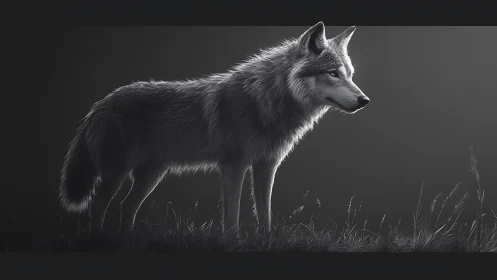 Soft moonlit wolf study in quiet grayscale wilderness.