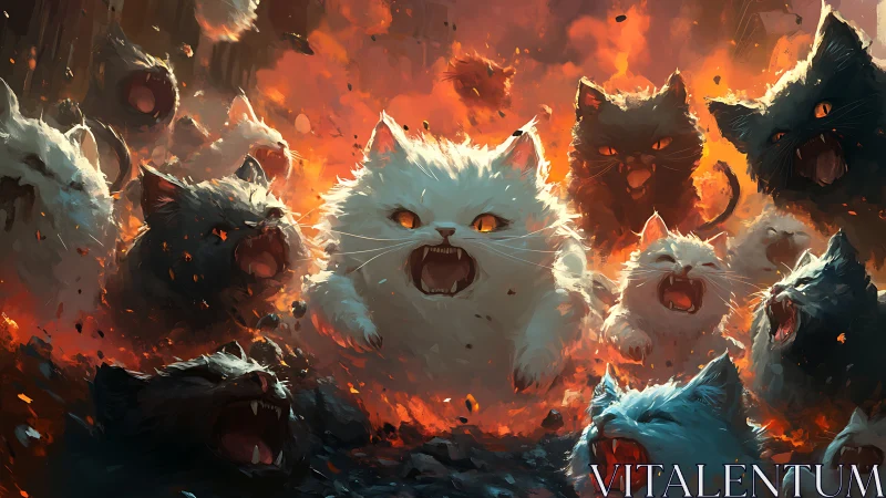 Apocalyptic Feline Alliance: Fiery Convergence Digital Painting.