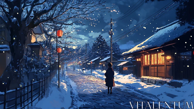 Snow-covered street shows solitary figure amid lantern lights