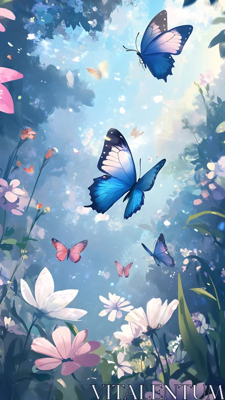 Iridescent blue butterflies gliding above luminous wildflowers