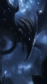 Starlit biomechanical dragon dominating nocturnal abyss.