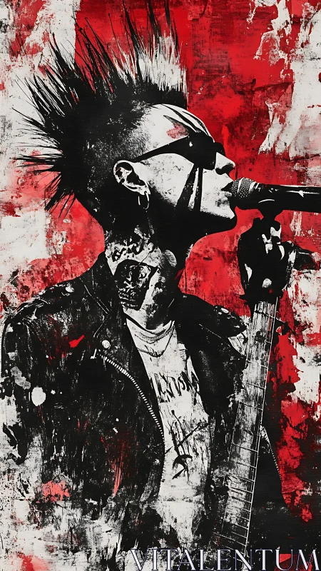 Punk rock vocalist in grunge red splatter digital artwork.