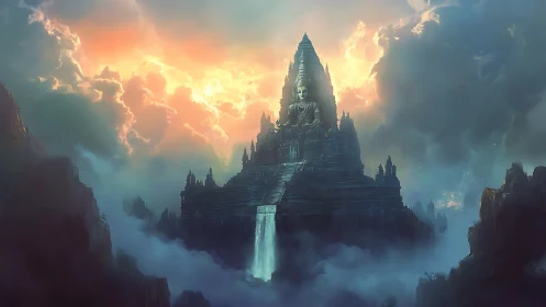 Mythic mountain temple with luminous waterfall at dawn.