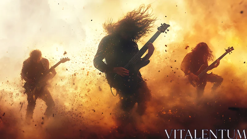 Metal band shredding amid explosive desert firestorm.