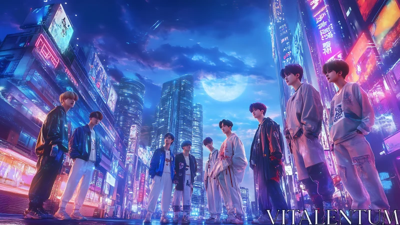 Nine figures stand in neon cityscape under moonlit sky