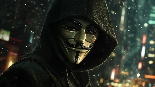 Mysterious hooded figure in glowing cyber city streets.