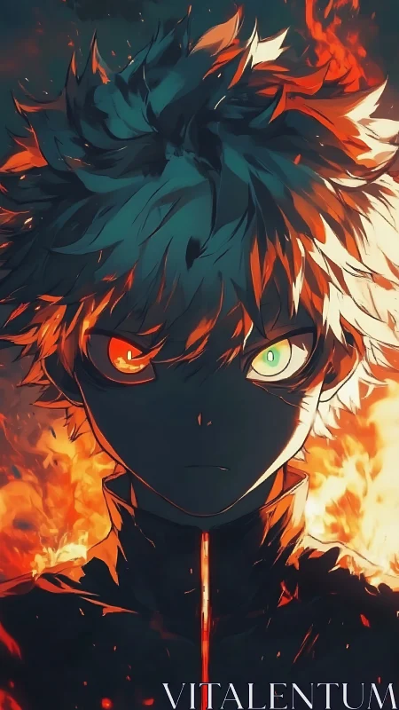 Dual flame gaze of a determined anime hero in firelight.