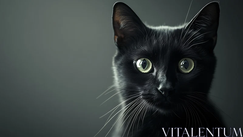 Black Cat with Luminous Eyes Against Neutral Background.