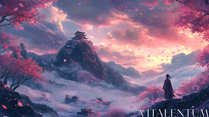 Solitary wanderer gazes over misty sakura mountains at dusk.