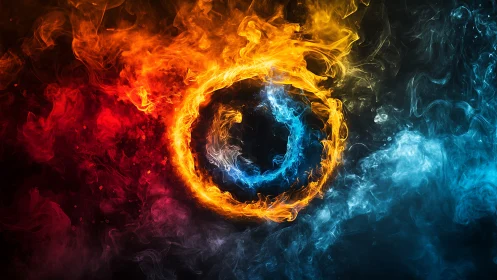Fire and Ice Circular Portal: Dynamic Elemental Opposition.