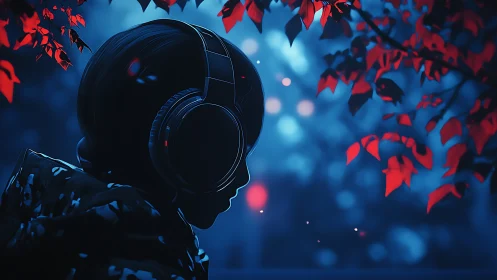 Night listener enjoys music beneath glowing red leaves