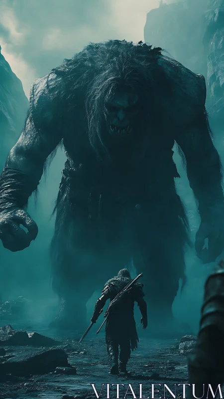 Brave lone warrior strides toward looming mountain giant calmly