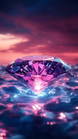 Iridescent pink diamond hovering above neon surf at dusk.