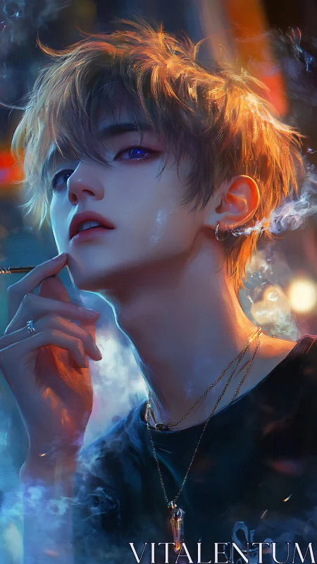 Dreamy neon night portrait of a thoughtful city drifter.