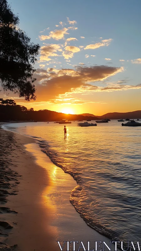 Coastal sunset waveform reflection with silhouetted shoreline subject.