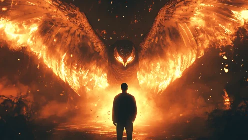 Digital painting of fiery winged entity confronting lone figure.