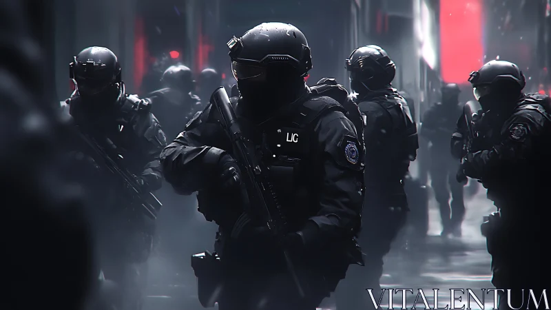 Tactical police unit advances through neon-lit urban corridor