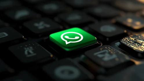 Green WhatsApp icon key stands out on dark keyboard.
