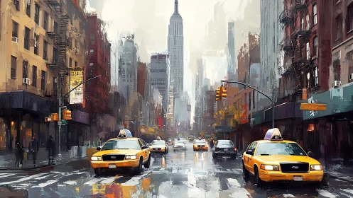 Yellow cabs streak through rainy Manhattan street canyon.