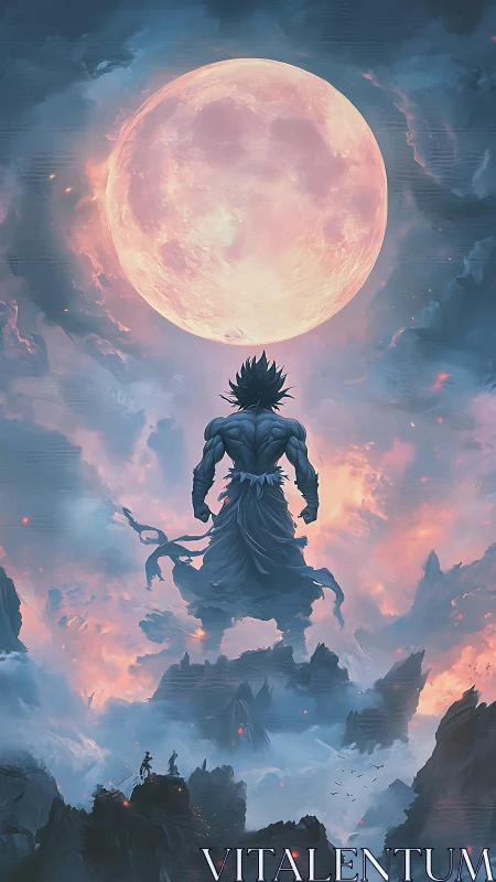 Moonlit warrior rising through stormy skies of change.