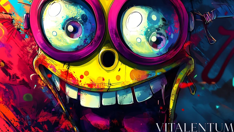 Intense cartoon face with goggles in vivid neon colors.