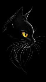 Black Cat Portrait with Luminous Golden Eyes on Dark Background
