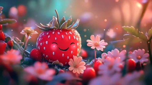 Smiling cartoon strawberry sits among glowing flowers