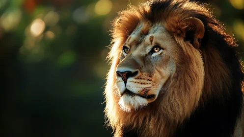 Sunlit lion studies the quiet horizon with molten patience