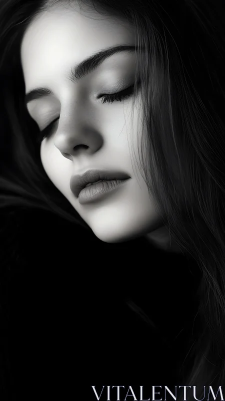 Monochrome close-up portrait of a young woman&rsquo;s face.