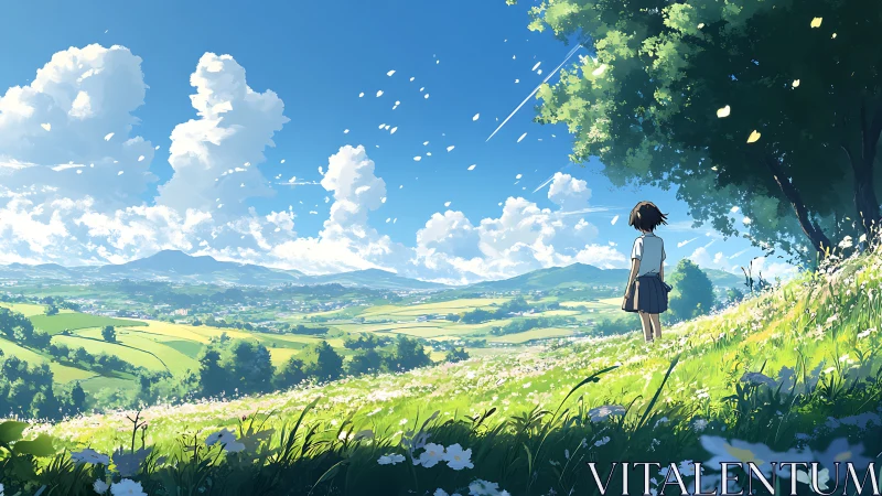 Child observes distant valley landscape from grassy hillside