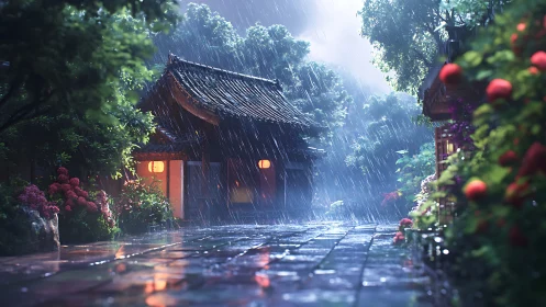 Lantern-lit temple courtyard glows under summer rainstorm.