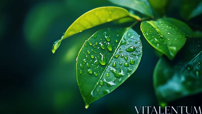 Macro view of green leaves with water droplets after rain.