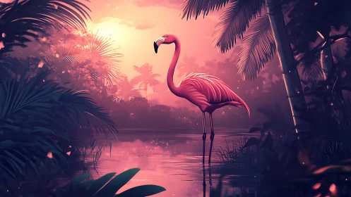 Solitary flamingo rests in a neon sunset jungle lagoon