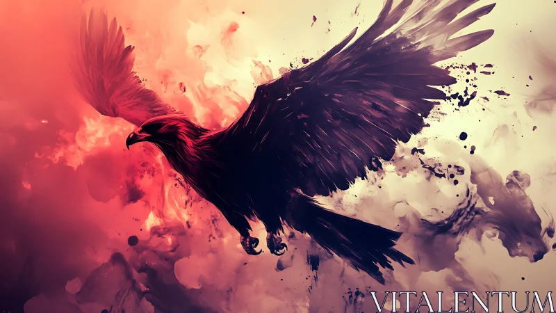 Majestic black eagle in flight over abstract smoky background.