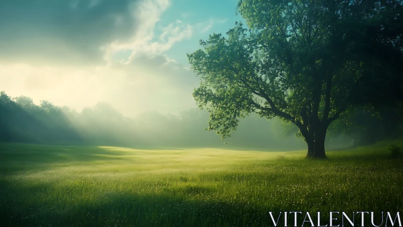 Digital painting of mistlit meadow with solitary oak tree focus.