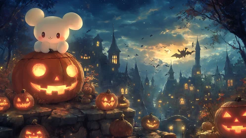 Cute ghostly friend cuddling pumpkins in cozy Halloween town.