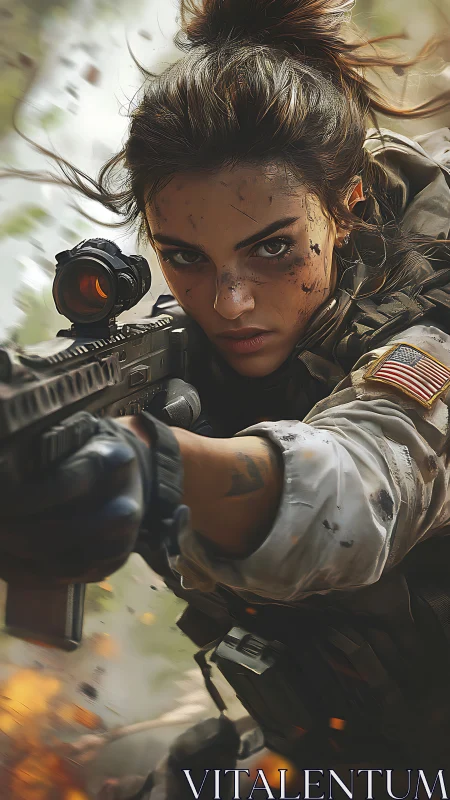 Female soldier aiming rifle in dynamic combat environment.