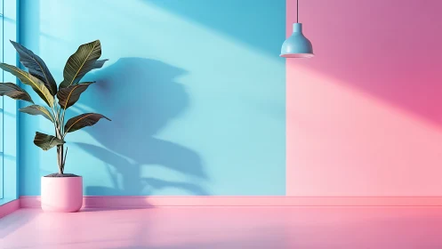 Indoor plant and pendant lamp in split pastel interior.