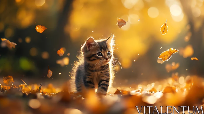 Tabby Kitten Among Falling Autumn Leaves