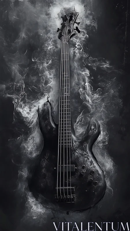 Electric bass guitar rises through swirling smoke in monochrome