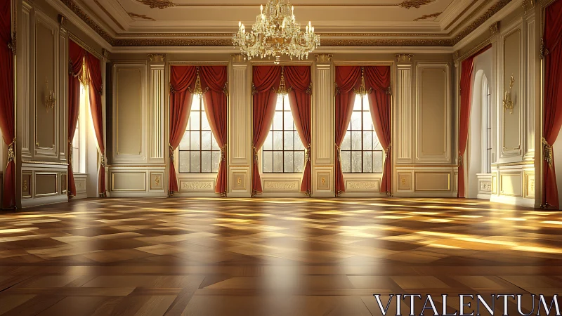 Grand neoclassical ballroom with gilded trims and parquet floor.