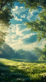 Sunlit forest meadow with dramatic volumetric sky lighting.