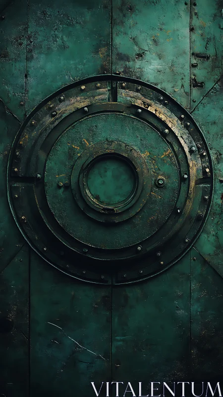 Rust-ringed emerald vault door in industrial stillness.