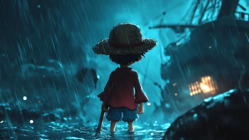 Child in straw hat stands in shallow water during storm