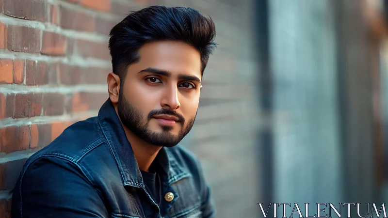 Brickside calm with sharp-gazed urban daydreamer portrait.