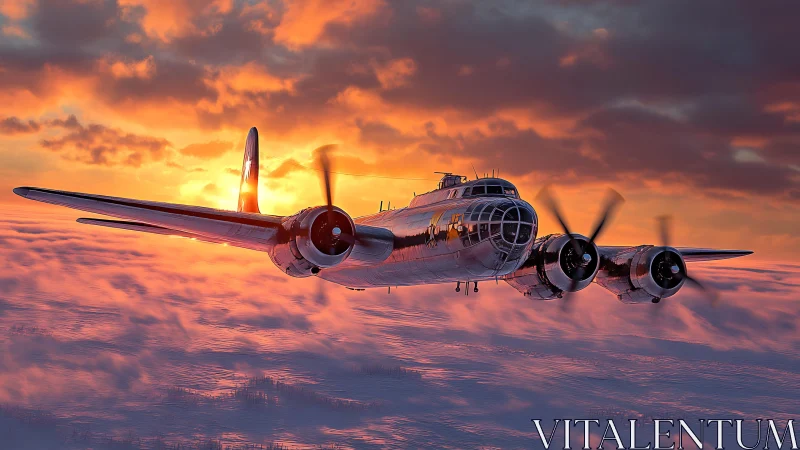 Four engine military aircraft in flight above clouds at dusk.