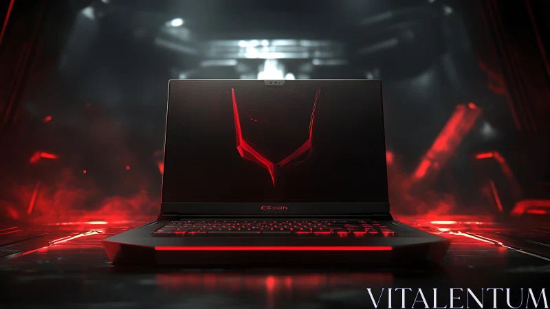 Gaming laptop glows with aggressive red cyber lighting.