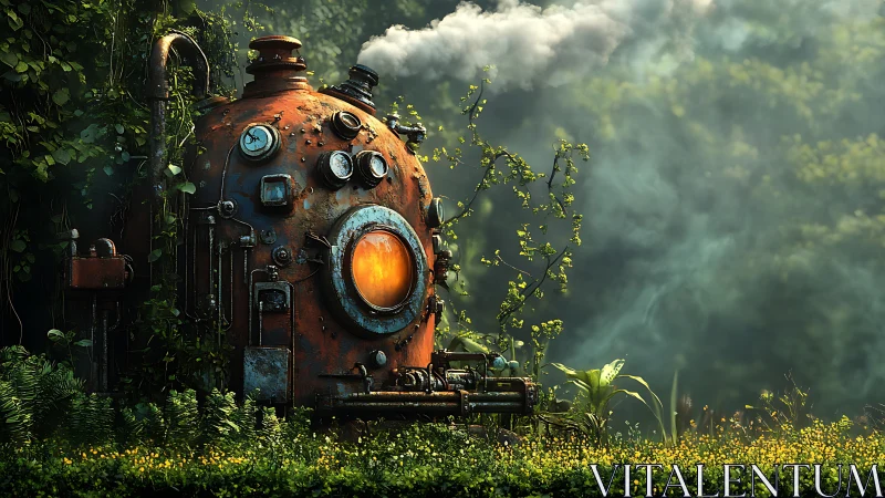 Rusted steampunk boiler glowing in lush overgrown forest.
